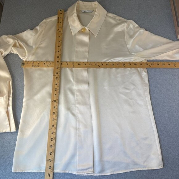 St. John Ivory Silk Button-Up Blouse Size 14 Long Sleeves Gold Buttons FLAWED - Picture 3 of 16